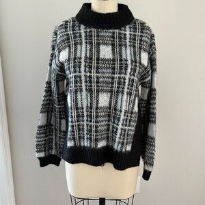 Nine West Women's Mock Neck Blue Black Plaid Boxy Sweater Size Small